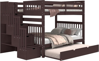 Stairway Bunk Beds Full over Full with 4 Drawers in the Steps and a Full Trundle, Dark Cherry4