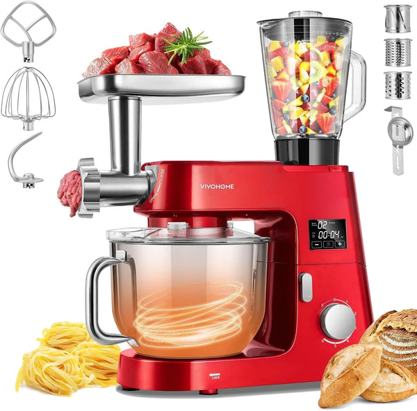 9-In-1 Stand Mixer with Fermentation & Timer, 7.5-Quart, Red | Built-In Fermentation, Meat Grinder & Blender Jar, Pasta Maker & Slicer, Dough Hook, Beater, Whisk, Stainless Steel Bowl1