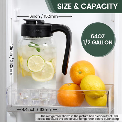 Mason Jar Pitcher, 64 Oz (2 Quart), Glass Pitcher with Lid | Airtight, Leak Proof, Ergonomic Handle, Pour Spout Lid, Fridge Safe, for Sun Tea, Iced Tea, Cold Brew, Lemonade, Outside2
