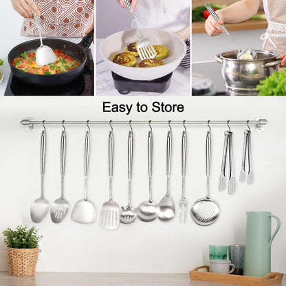 304 Stainless Steel Cooking Utensils Set, 11PCS Stainless Steel Utensils Set, Metal Cooking Utensils Set Include Meat Fork, Tongs, Turner, Soup Ladle, Dishwasher Safe4