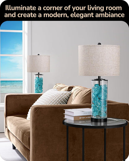 23.6" Glass Table Lamp Set of 2, DIY Refillable, Rotary Switch | Modern Bedside Lamp with Linen Lampshade, E26 Base, Nightstand Light for Living Room, Bedroom, Office6