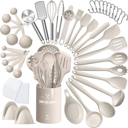 Silicone Kitchen Cooking Utensils Set,  43 Pcs Heat Resistant Khaki Cooking Utensils Set, Turner, Tongs, Spoon, Spatula, Kitchen Gadgets Tools Set for Nonstick Cookware(Dishwasher, BPA Free)1