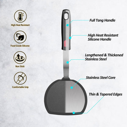 Silicone Pancake Spatula Turner with Lengthened Handle, Heat Resistant Cooking Spatulas for Nonstick Cookware, Large Flexible Kitchen Utensils BPA Free Rubber Flipper for Egg, Pancake, Fish, Burger2