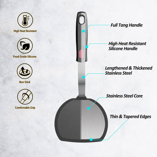 Silicone Pancake Spatula Turner with Lengthened Handle, Heat Resistant Cooking Spatulas for Nonstick Cookware, Large Flexible Kitchen Utensils BPA Free Rubber Flipper for Egg, Pancake, Fish, Burger2