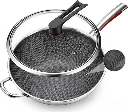 12.6-Inch Stainless Steel Wok Pan with Glass Lid - Tri-Ply Nonstick Wok & Stir-Fry Pan, PFOA Free Uncoated Cookware for All Cooktops, Induction Compatible, Flat Bottom1