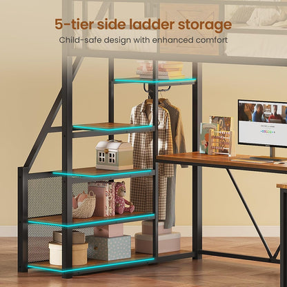 Stairway Twin Size Loft Bed with L Shaped Desk and Wardrobe, Metal Loft Bed Frame with Storage Stairs, 3 Fabric Drawers, LED Lights & Charging Sation (Rustic Brown, Twin)4