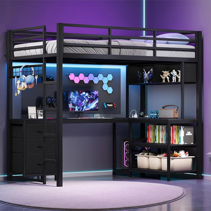 Twin Loft Bed with L‑Shaped Desk, RGB LED Lights, Black1