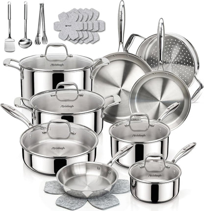 5-Ply Stainless Steel Cookware Set, 23-Piece Pots and Pans Set | Fully Clad Construction, Premium Heavy-Duty Build, Better Browning, No Coating, Oven Safe, Induction Ready1