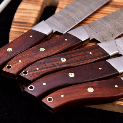 Hm-(Brown) Custom Made Damascus Steel #6 Pcs of Professional Utility Kitchen Knives Set Comes with Sweet Leather Roll Kit (3712)4