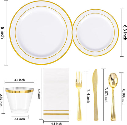 350PCS White and Gold Plastic Plates Dinnerware Set for Wedding2
