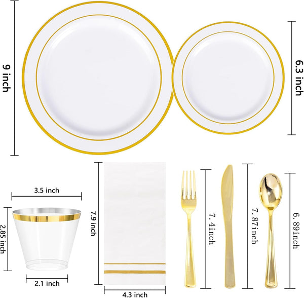 350PCS White and Gold Plastic Plates Dinnerware Set for Wedding2
