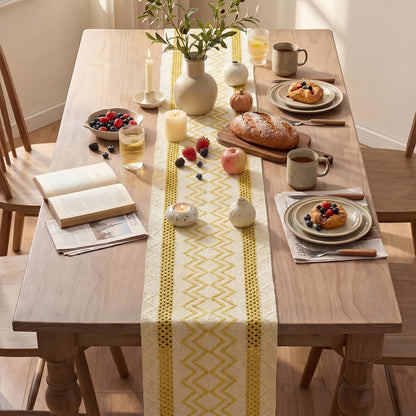 Yellow Stripe Diamond Woven Table Runner 12X72 Inch | Holiday Farmhouse Kitchen Dining Dresser Coffee Table Decoration for Home Party Decor, Macrame Cotton Blend4