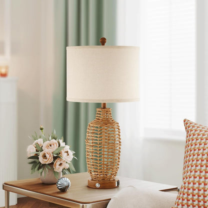 Rattan Table Lamps Set of 2 Wicker Lamps 3 Way Dimmable Touch Control Farmhouse Rustic Coastal Lamps with USB Port for Bedroom Living Room Office (LED Bulbs Included)4