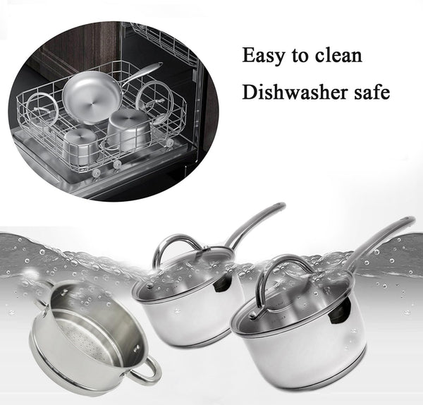 Stainless Steel Saucepan Glass Lid Casting Steel Handle Induction Impact Bonded 8 PCS Set Steamer3