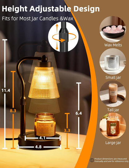 Candle Warmer Lamp for Jar Candles, Height Adjustable & Dimmable with 2/4/8H Timer, 2*50W Halogen Wax Melter Warmer for Home Office Décor, Flameless & Smokeless, Gift for Women Mom, Black-Amber/1 Pack5