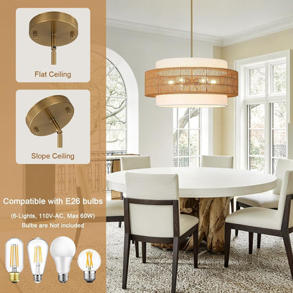 25.6" Rattan Chandelier for Dining Room, 6-Light Boho Pendant Hanging Light3