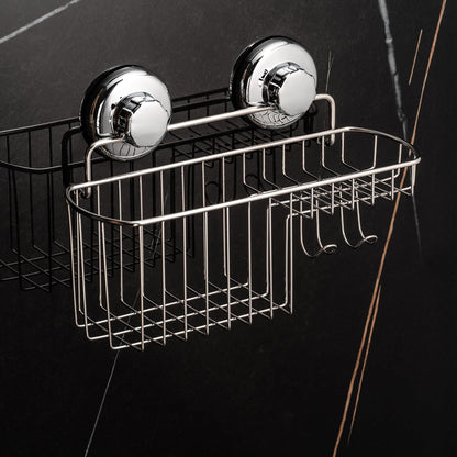 HASKO Suction Cup Shower Caddy Basket for Shampoo, Shower Suction Shelf Organizer, Basket with Soap Holder and Hooks, Stainless Steel Shampoo Holder for Bathroom Storage, Chrome3