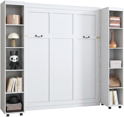 Queen Murphy Bed with 3 Doors Wardrobe Closet, Wood Wall Bed for Guest Room and Home Office, White Folding Lifting Bed W1