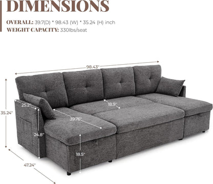 100" Sleeper Sofa Couch, Sectional Sofa Bed, Dark Grey3