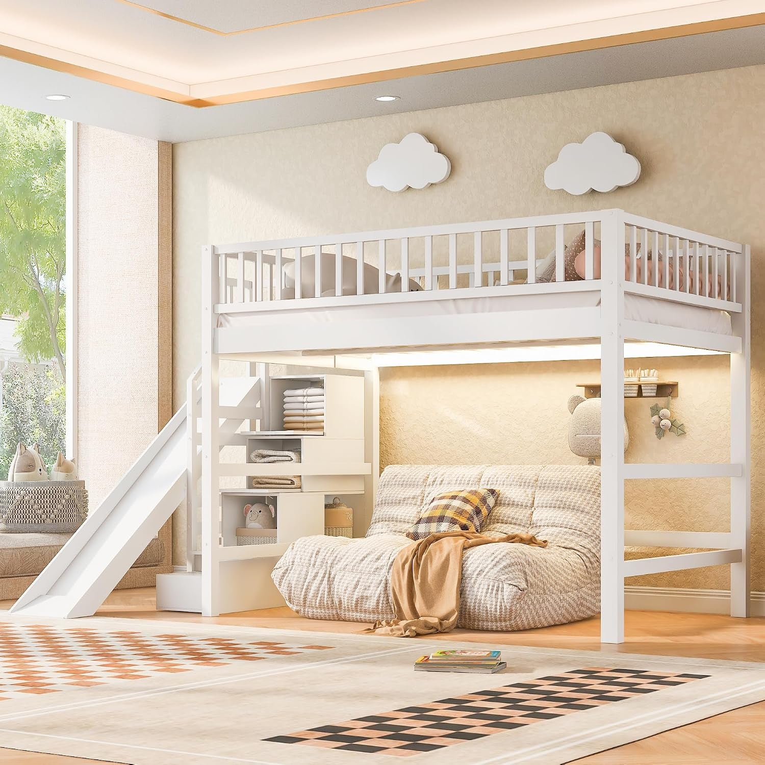 full-size-loft-bed-with-storage-staircase-slide-led-light-wooden-bunk-bed-for-bedroom-with-built-in-shelves-white