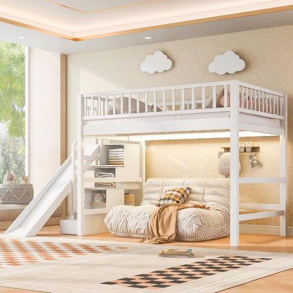 Full Size Loft Bed with Storage Staircase, Slide & LED Light, Wooden Bunk Bed for Bedroom with Built-In Shelves, White1