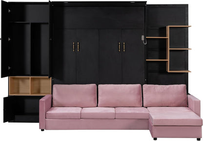 Queen Size Murphy Bed with Large Sofa and Storage Shelves for Bedroom/Guest/Study Room, Space-Saving Wooden Foldable Wall Bed Frame with Dual LED and Cabinets, No Box Spring Needed7