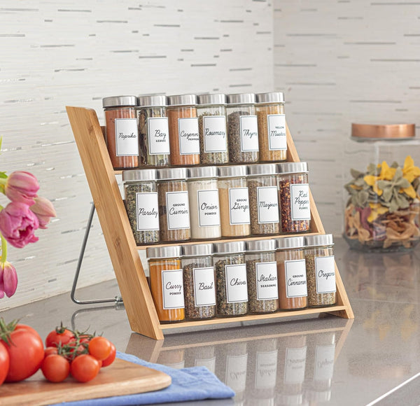 18 Jar Bamboo Compact Spice Rack with Spices Included & 5-Year Free Spice Refill Program for Countertop or Kitchen Drawer with Glass Jars2