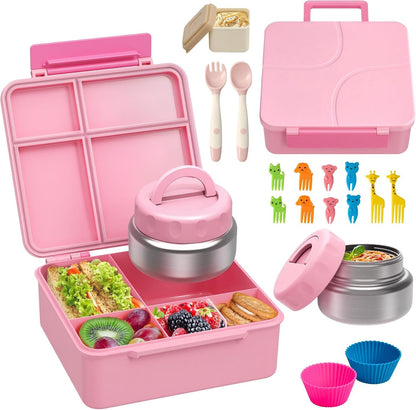 Bento Lunch Box with 9.5 Oz Soup Thermo, Kids Leakproof 4 Compartments Bento Box with Silicone Cupcake,Fruit Fork,Spoon and Sauce Cup,Insulated Food Jar for School Travel-Pink1