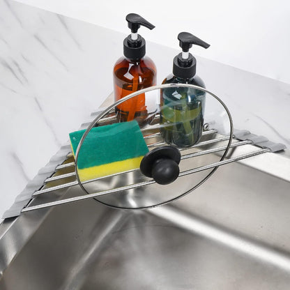 Triangle Roll-Up Dish Drying Rack for Sink Corner Small Foldable Stainless Steel over the Sink Multipurpose Kitchen Drainer Caddy Organizer Storage Space Saver Shelf Holder (Gray)9