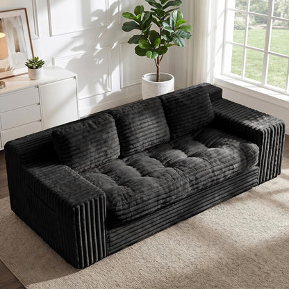 Boneless Couch, Cloud Loveseat Sofa Corduroy Couch in a Box, Upholstered Boneless 3 Seater Couch for Living Room Bedroom Office Apartment, No Assembly Required, Black1