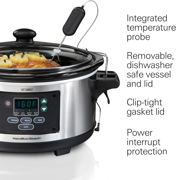 Portable 6 Quart Set & Forget Programmable Slow Cooker | Temperature Probe | Lid Lock for Easy Travel | Dishwasher Safe Crock & Glass Lid | Stainless Steel | 33969AG3
