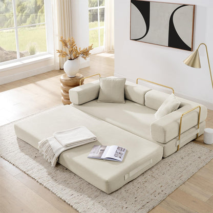 4-In-1 Folding Convertible Sofa Bed, 78 Inch Boneless Couch with Fixed-Shape Frame, Corduroy Loveseat Sleeper with Pull Out Bed, Floor Sofa Modular Futon Couch for Living Room Bedroom Lounge (Beige)1