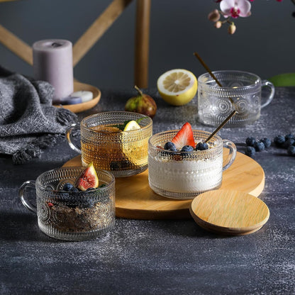 4Pcs Set Vintage Coffee Mugs Gifts for Women, Overnight Oats Containers with Bamboo Lids and Spoons - 14Oz Clear Embossed Glass Cups, Cute Coffee Bar Accessories, Iced Coffee Glasses4