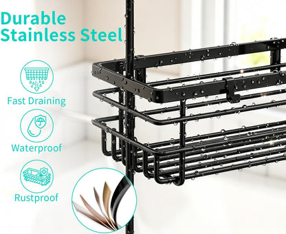 Hanging Shower Caddy – for Renters & Small Bathrooms, Fits Shower Curtain Rods, No Drilling, 2 Rustproof 304 Shelves, 4 Hooks, and a Detachable Toothbrush Holder You Can Rinse - Black5