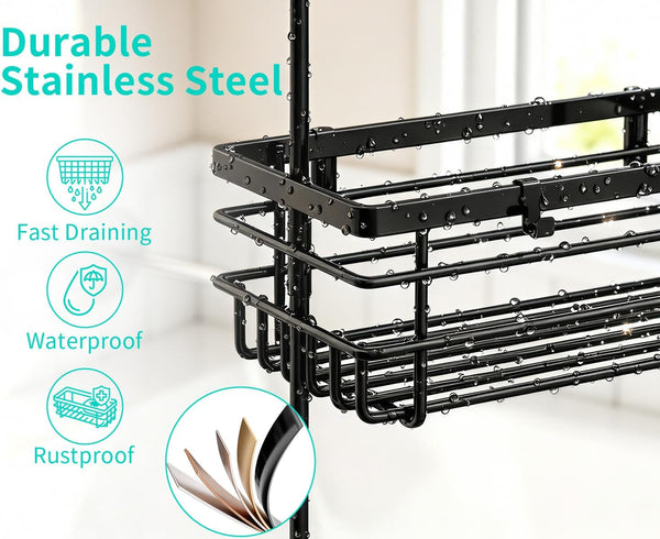 Hanging Shower Caddy – for Renters & Small Bathrooms, Fits Shower Curtain Rods, No Drilling, 2 Rustproof 304 Shelves, 4 Hooks, and a Detachable Toothbrush Holder You Can Rinse - Black5
