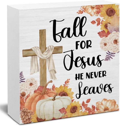 Fall Decor Religious Cross Pumpkins Decorations Fall for Jesus He Never Leaves Wooden Sign Rustic Home Decor 5 X 5 Inches1