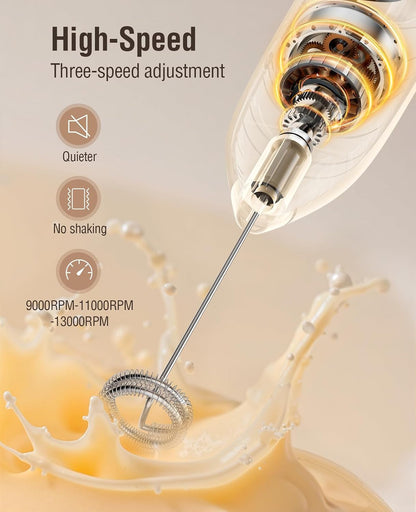 Electric Milk Frother: Led&Wireless Charging, 3 Heads 3 Speeds | Coffee Handheld Frother with 1800Mah 6-Hour Battery - Magnetic Wireless Charging Stand, 3-Speed for Latte - No Dead Battery4