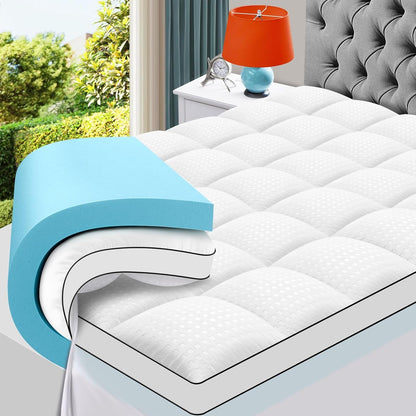 King Size Dual Layer 4 Inch Memory Foam Mattress Topper, 2 Inch Gel Memory Foam and 2 Inch Cooling Pillow Top Mattress Pad Cover for Back Pain, Medium Support1