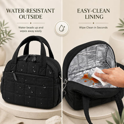 Lunch Box for Women, Quilted Insulated Lunch Bag, Puffy Lunch Tote with Adjustable Shoulder Strap for Work School Travel (Black, Regular 9L)4