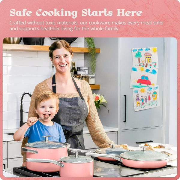 Premium Non-Toxic Ceramic Cookware Set – Triple-Layer Nonstick 12 Piece Pots and Pans with Lids, Pfas-Free, Oven Safe for Healthy Meals, Space-Saving Design, Coral Pink Color |3