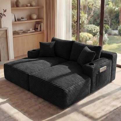 125" U-Shaped Modular Sectional Sofa, Corduroy Boneless Couch, Black7