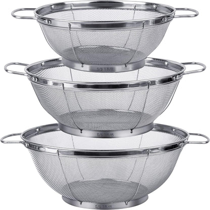 3 Pack 18/8 Stainless Steel Colander Sieves(5-Quart, 4-Quart and 3-Quart), Mesh Strainer Net Baskets with Handles & Resting Base for Strain, Drain, Rinse or Steam1
