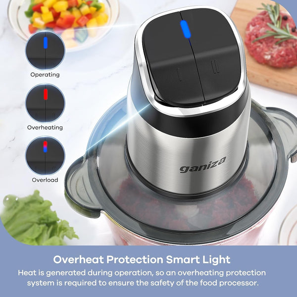 Food Processor with Dual Bowls, 2-Speed Food Chopper & Meat Grinder | 8Cup Stainless & 8Cup Glass Bowls, Upgraded Button & Smart Overheat Protection Light - Includes Clean Brush, 2 Sets of Blades2