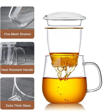 Glass Tea Cup with Infuser and Lid, 17.6Oz/520Ml Large Borosilicate Teacup,Tea Glass, Clear Mug for Loose Leaf Tea, Blooming Tea, Microwave & Dishwasher Safe - Tea Maker Gift for Birthday.3