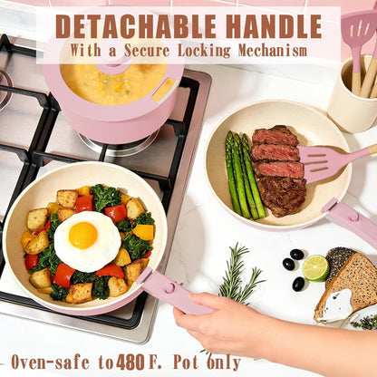 Pots and Pans Set Non Stick, 21 Pcs Nonstick Ceramic Cookware Set, RV Kitchen Cooking Set with Detachable Handles, Oven Safe, Induction Cookware, Stackable, Pink, PFAS PFOA & PTFE Free9