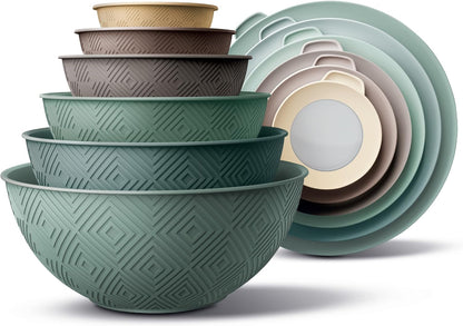 Mixing Bowls with Lids - 12 Piece Plastic Nesting Bowls Set Includes 6 Prep Bowls and 6 Lids, Microwave Safe Mixing Bowl Set, Mint Rhombus1