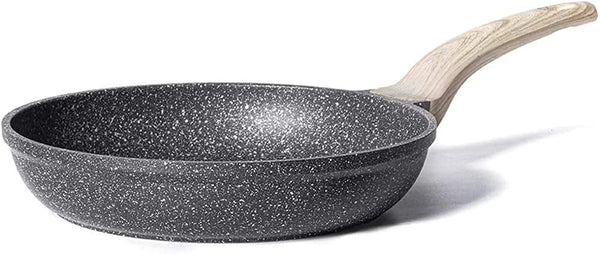 Grey granite non-stick frying pan with a light-colored wooden handle8