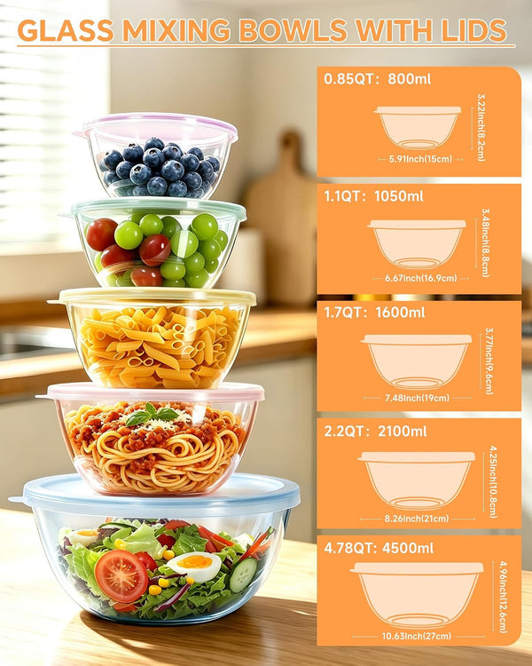 5 Pack Glass Mixing Bowls with Lids Set(4.78Qt,2.2Qt,1.7Qt,1.1Qt,0.85Qt)6