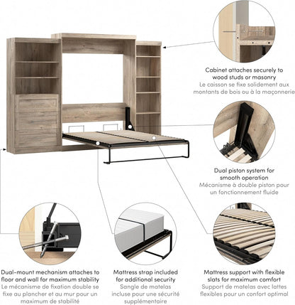 Queen Murphy Bed with Shelving and Drawers, Rustic Brown, Pur, 126W9
