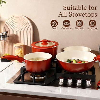 11PCS Ceramic Pots and Pans Set Non Stick, Nonstick Cookware Set Detachable Handle, Red Black Gradien Pots and Pans Induction Kitchen Cooking Sets, RV Cookware Sets for All Stoves6